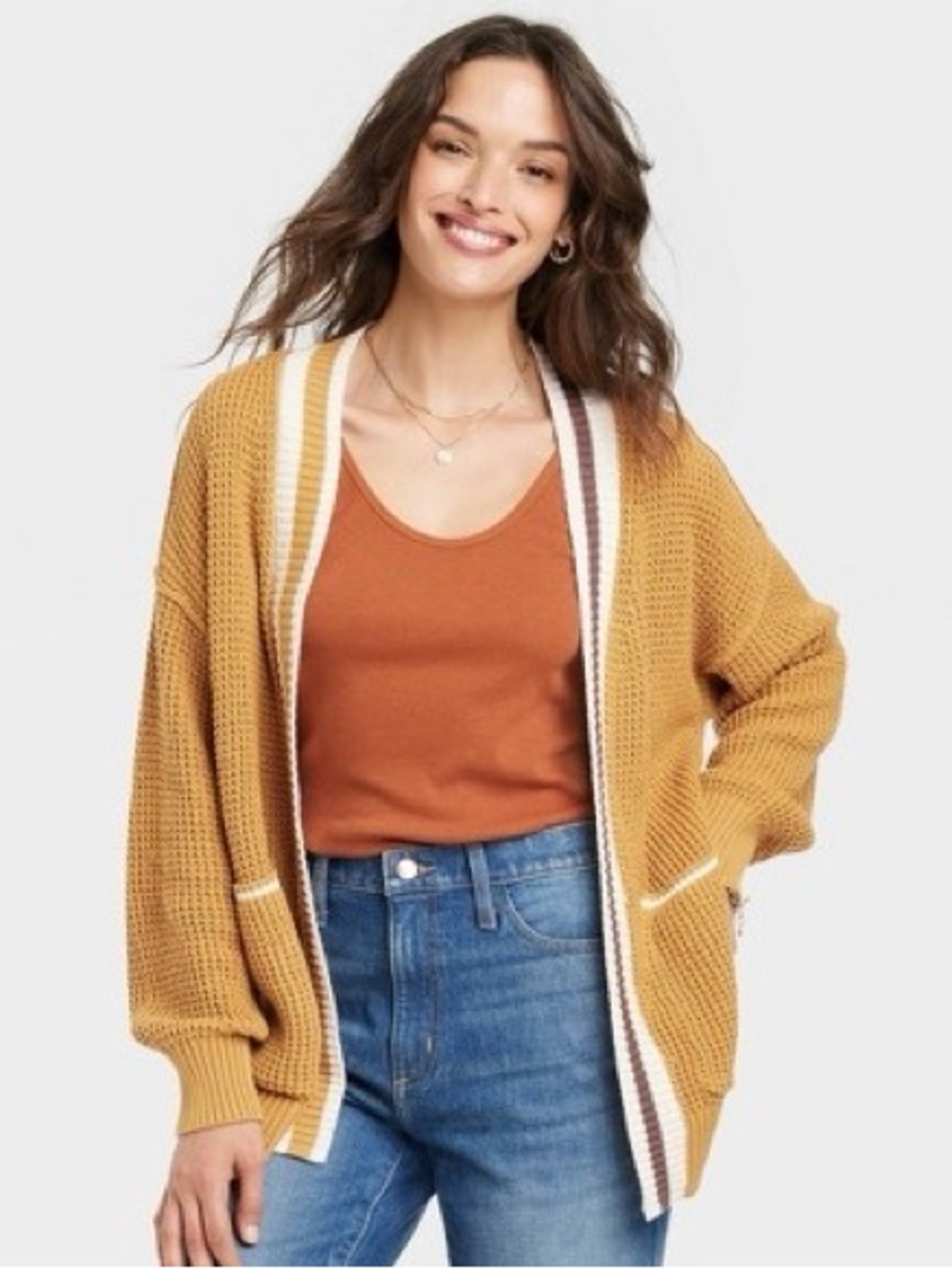 Universal Thread Mustard Open-Front Cardigan with Cream & Brown Trim